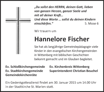 Traueranzeige von Hannelore Fischer von Super Sonntag Wittenberg