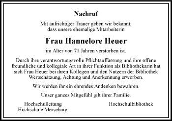 Traueranzeige von Hannelore Heuer von Mitteldeutsche Zeitung Merseburg/Querfurt