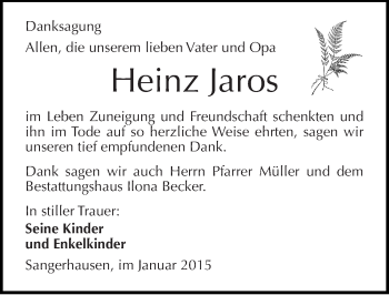 Traueranzeige von Heinz Jaros von Mitteldeutsche Zeitung Sangerhausen