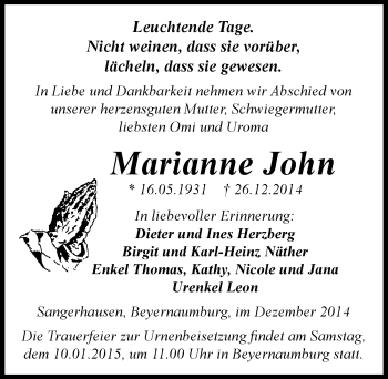 Traueranzeige von Marianne John von Mitteldeutsche Zeitung Sangerhausen