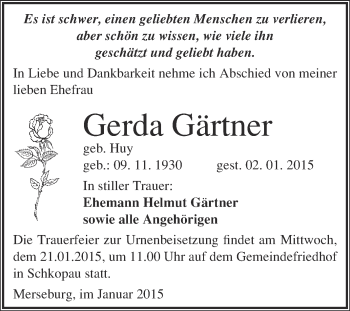 Traueranzeige von Gerda Gärtner von Super Sonntag Merseburg