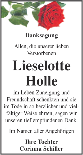 Traueranzeige von Lieselotte Holle von WVG - Wochenspiegel Quedlinburg
