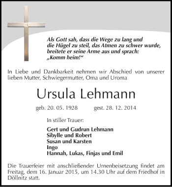 Traueranzeige von Ursula Lehmann von Mitteldeutsche Zeitung