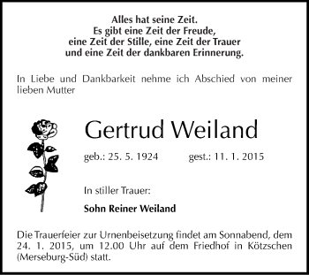 Traueranzeige von Gertrud Weiland von WVG - Wochenspiegel Merseburg