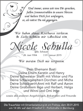 Traueranzeige von Nicole Schulla von Super Sonntag Bernburg