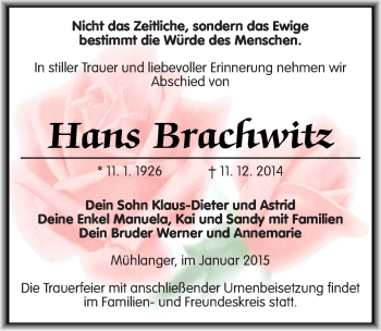 Traueranzeige von Hans Brachwitz von Mitteldeutsche Zeitung Wittenberg