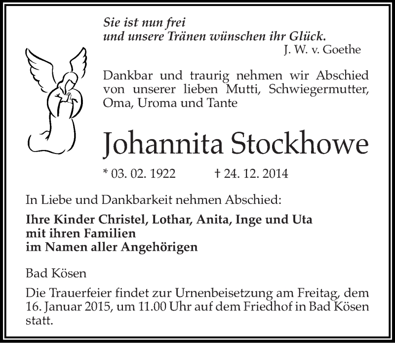  Traueranzeige für Johannita Stockhowe vom 03.01.2015 aus Mitteldeutsche Zeitung Naumburg/Nebra