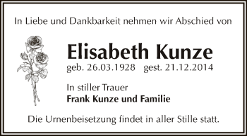 Traueranzeige von Elisabeth Kunze von WVG - Wochenspiegel Dessau / Köthen