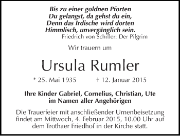Traueranzeige von Ursula Rumler von Mitteldeutsche Zeitung Halle/Saalkreis