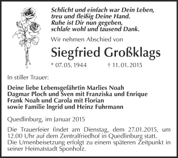 Traueranzeige von Siegfried Großklags von WVG - Wochenspiegel Quedlinburg