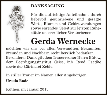 Traueranzeige von Gerda Wernecke von WVG - Wochenspiegel Dessau / Köthen