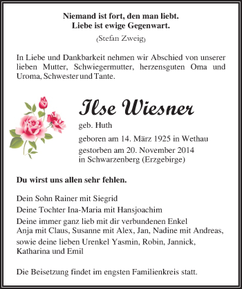 Traueranzeige von Ilse Wiesner von Mitteldeutsche Zeitung Halle/Saalkreis