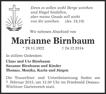 Traueranzeige von Marianne Birnbaum von WVG - Wochenspiegel Dessau / Köthen