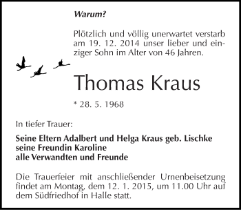 Traueranzeige von Thomas Kraus von Mitteldeutsche Zeitung Halle/Saalkreis