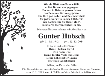 Traueranzeige von Günter Hübsch von Super Sonntag Wittenberg