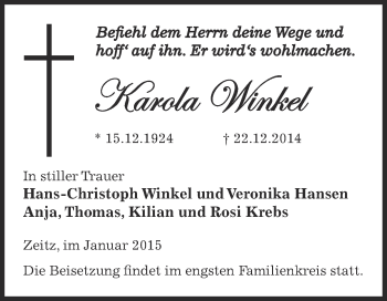 Traueranzeige von Karola Winkel von Super Sonntag Zeitz