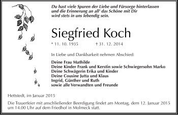 Traueranzeige von Siegfried Koch von Mitteldeutsche Zeitung Mansfelder Land