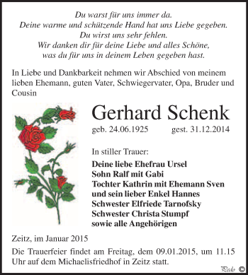 Traueranzeige von Gerhard Schenk von WVG - Wochenspiegel NMB / WSF / ZTZ