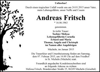 Traueranzeige von Andreas Fritsch von Mitteldeutsche Zeitung Merseburg/Querfurt