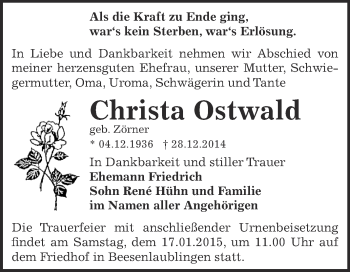 Traueranzeige von Christa Ostwald von Super Sonntag Bernburg