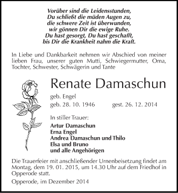 Traueranzeige von Renate Damaschun von Mitteldeutsche Zeitung Quedlinburg