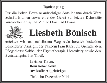 Traueranzeige von Liesbeth Bönisch von WVG - Wochenspiegel Quedlinburg