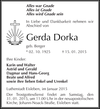 Traueranzeige von Gerda Dorka von Mitteldeutsche Zeitung Mansfelder Land