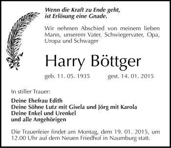 Traueranzeige von Harry Böttger von Mitteldeutsche Zeitung Naumburg/Nebra