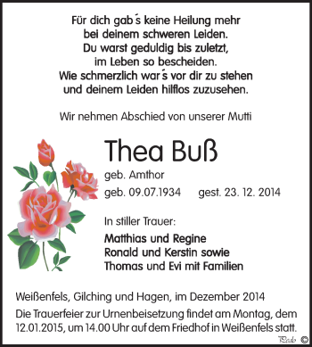 Traueranzeige von Thea Buß von WVG - Wochenspiegel NMB / WSF / ZTZ