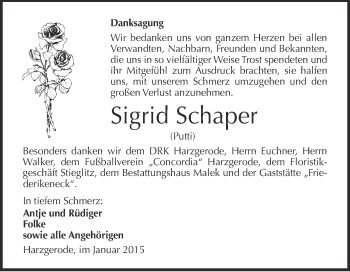 Traueranzeige von Sigrid Schaper von WVG - Wochenspiegel Quedlinburg
