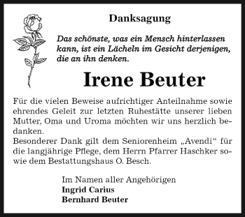 Traueranzeige von Irene Beuter von WVG - Wochenspiegel Dessau / Köthen