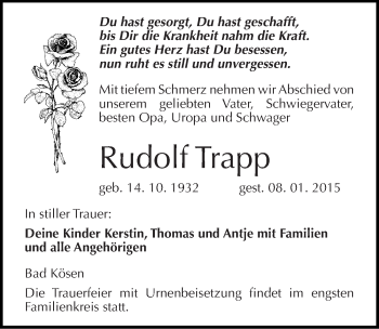 Traueranzeige von Rudolf Trapp von Mitteldeutsche Zeitung Naumburg/Nebra