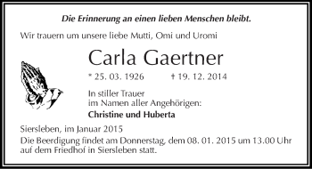 Traueranzeige von Carla Gaertner von Mitteldeutsche Zeitung Mansfelder Land