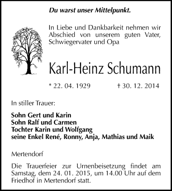 Traueranzeige von Karl-Heinz Schumann von WVG - Wochenspiegel NMB / WSF / ZTZ