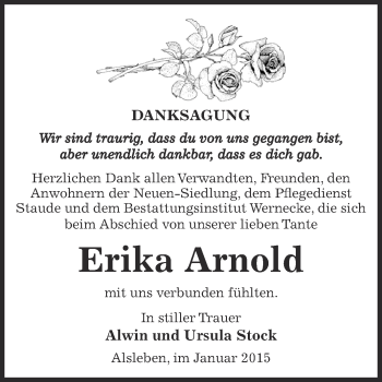 Traueranzeige von Erika Arnold von Super Sonntag Bernburg