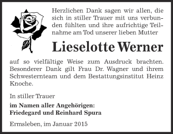 Traueranzeige von Lieselotte Werner von Super Sonntag Aschersleben