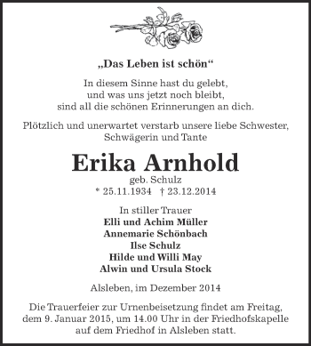 Traueranzeige von Erika Arnhold von Super Sonntag Bernburg