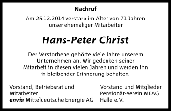 Traueranzeige von Hans-Peter Christ von Mitteldeutsche Zeitung Wittenberg