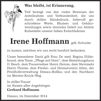 Traueranzeige von Irene Hoffmann von WVG - Wochenspiegel Dessau / Köthen