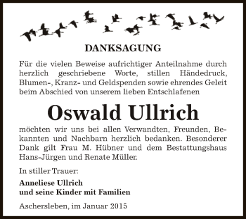 Traueranzeige von Oswald Ullrich von Super Sonntag Aschersleben