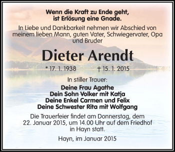 Traueranzeige von Dieter Arendt von Mitteldeutsche Zeitung Sangerhausen