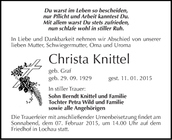 Traueranzeige von Christa Knittel von Mitteldeutsche Zeitung Halle/Saalkreis