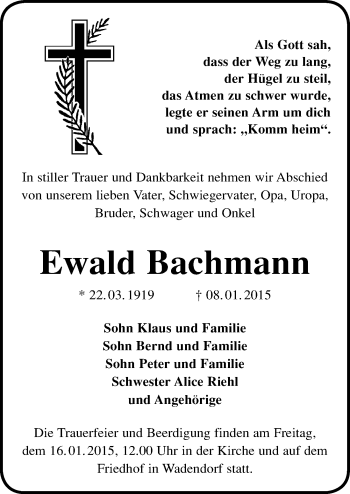 Traueranzeige von Ewald Bachmann von Mitteldeutsche Zeitung Bitterfeld