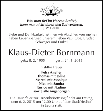 Traueranzeige von Klaus-Dieter Bornmann von Mitteldeutsche Zeitung Merseburg/Querfurt