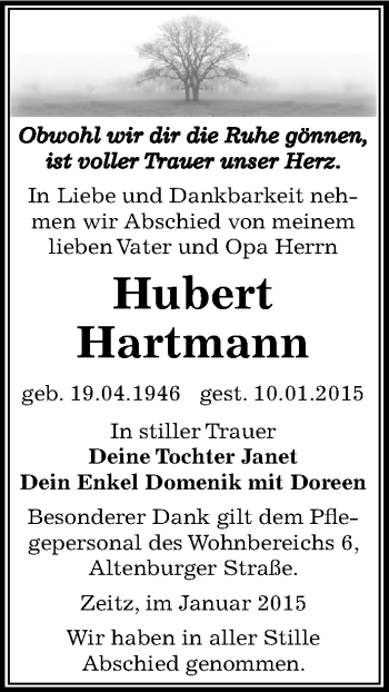 Traueranzeige von Hubert Hartmann von Mitteldeutsche Zeitung Zeitz