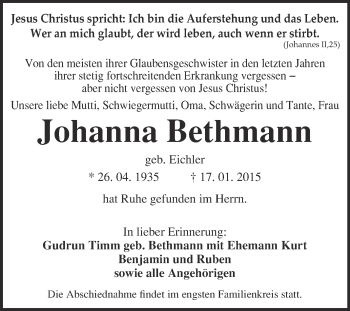 Traueranzeige von Johanna Bethmann von WVG - Wochenspiegel NMB / WSF / ZTZ