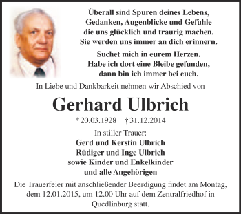 Traueranzeige von Gerhard Ulbrich von WVG - Wochenspiegel Quedlinburg