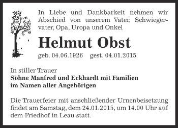 Traueranzeige von Helmut Obst von Super Sonntag Bernburg