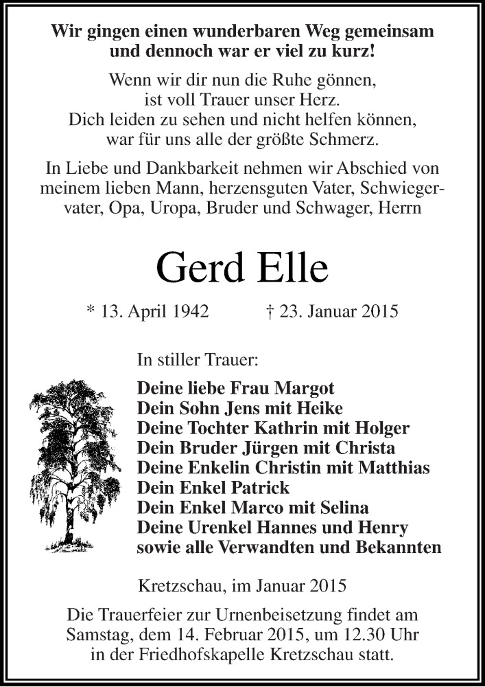  Traueranzeige für Gerd Elle vom 31.01.2015 aus Mitteldeutsche Zeitung Zeitz