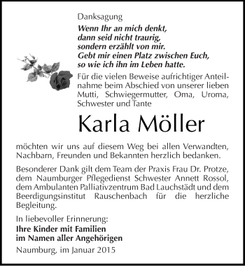 Traueranzeige von Karla Möller von Mitteldeutsche Zeitung Naumburg/Nebra